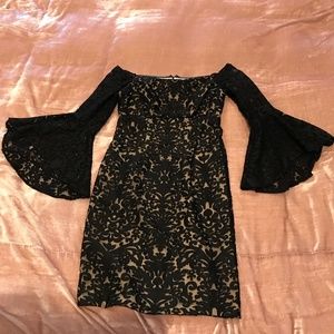 Xscape Size 8- Black/ Beige- Lacey Cocktail Dress off the shoulders